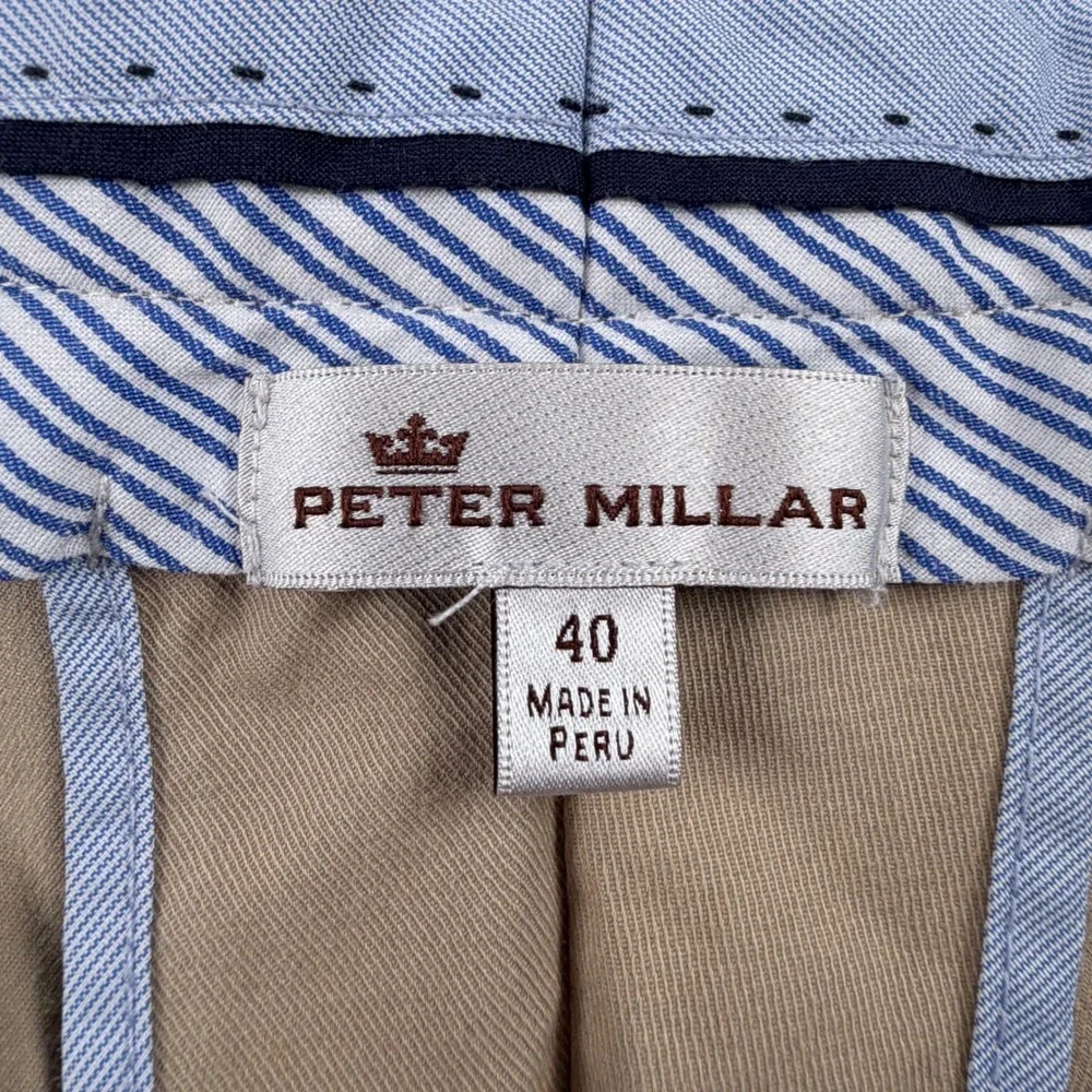 Peter Millar Chino Shorts Mens 40 Khaki Tan Flat Front Emblem Stretch MCOB13